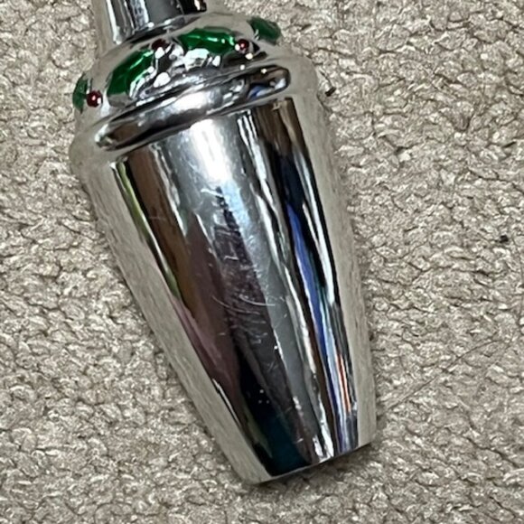 VTG Silver Cocktail Shaker Holly Berries Christmas Holiday Tree Ornament 4"x2" - Picture 8 of 9
